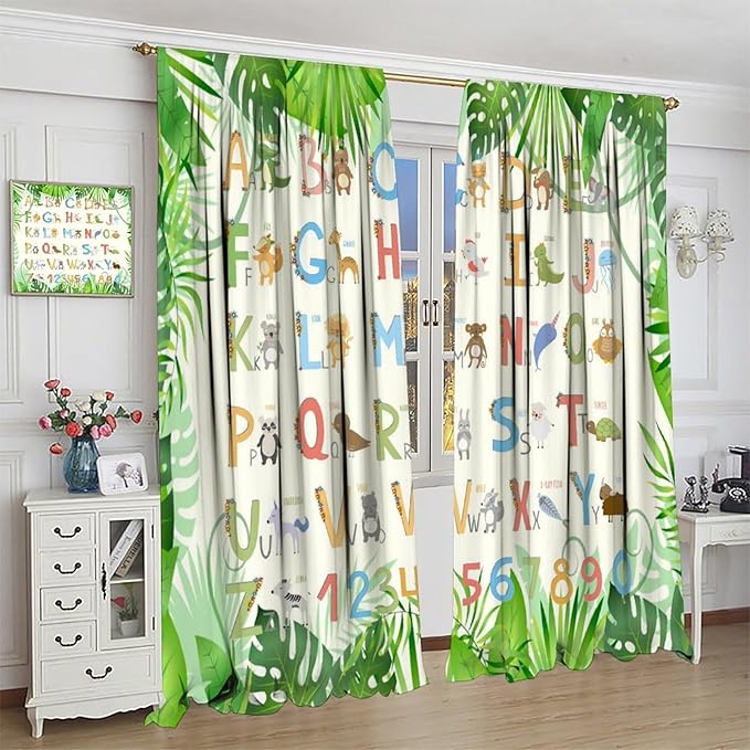 Kids Animal Alphabet Curtain Tropical Plant Alphabet Educational Printed Rod Pocket Blackout Window Drapes for Bedroom Living Room Nursery School 72" W X 63" L