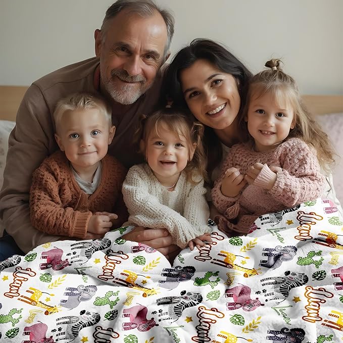 Custom Safari Animals Blanket Gift, Personalized Baby Blanket with Name, Soft Plush Flannel/Sherpa Fleece Throw Blankets for Toddler Kid Teen Boys Girls Color02