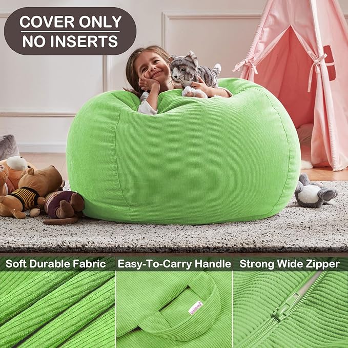 Nobildonna 3 ft Bean Bag Chair Cover (No Filler) 35"×43" Large Stuffed Animal Storage Bean Bag Washable Big Beanbag Chair Cover Premium Corduroy Bean Bag Cover for Adults,Kids,Fruit Green 300L