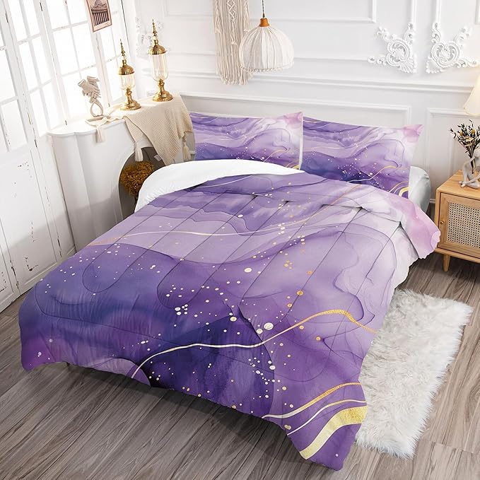 Purple Comforter Set Twin: Light Purple Marble Bedding Sets for Girls Teens Kids Aesthetic Gold Glitter Abstract Marbling Quilts Mauve Pastel Bed Set 2 Piece