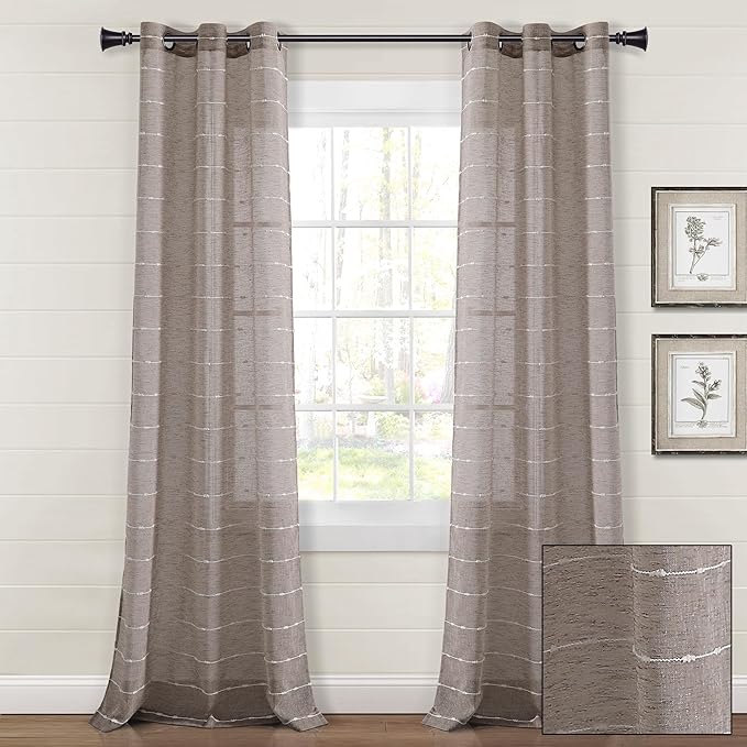 Lush Decor Farmhouse Textured Grommet Sheer Window Curtain Panel Pair, 38"W x 120"L, Brown