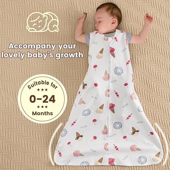 PHF Soft Baby Sleep Sack 0-6 Months 100% Organic Cotton Wearable Blanket, 2-Way Zipper 0.5 TOG Toddler Sleeping Sack 3 Pack, Comfy Sleep Bag for Baby Boys Girls, Ice Cream (Small)