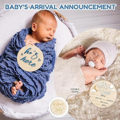 2PCS Hello World Newborn Sign and he's here, Gender Reveal Welcome baby Announcement Sign Board Wooden Birth Name Announcement Plaque and Pen for Baby Shower Photo Props Hospital Nursery