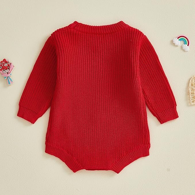 Lesimsam Newborn Baby Boy Girl Valentines Day Outfit Oversized Embroidery Long Sleeve Knit Sweater Bubble Romper Bodysuit