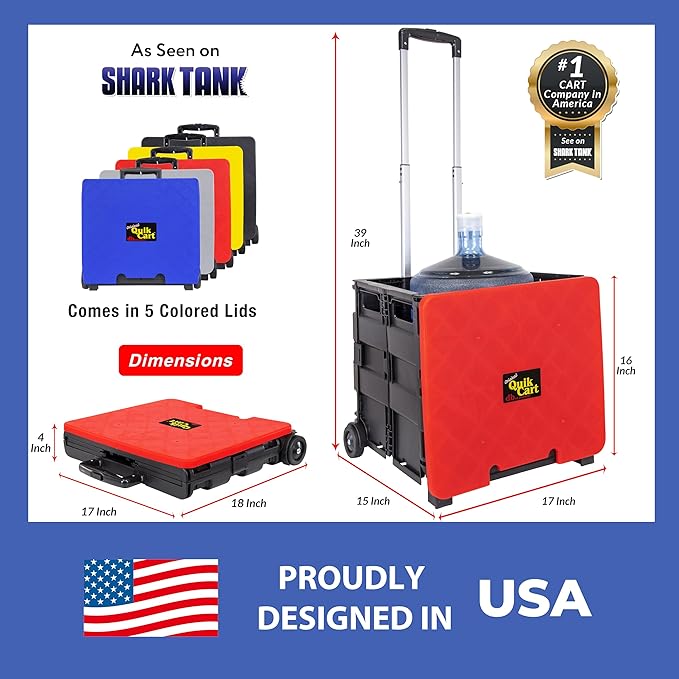 dbest products Quik Cart Collapsible Rolling Crate on Wheels for Teachers Tote Basket 80 lbs Capacity, Made from Heavy Duty Plastic and used as a Seat, Standard, Red