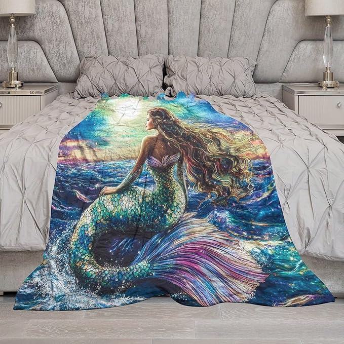 Mermaid Blanket Navy Mermaids Gifts for Girls Boys Woman Kids Ocean Mermaid Lover Coastal Throw Blankets Soft Blanket Warm Fleece Flannel Plush Blankets for Bed Sofa Couch 50"x60"