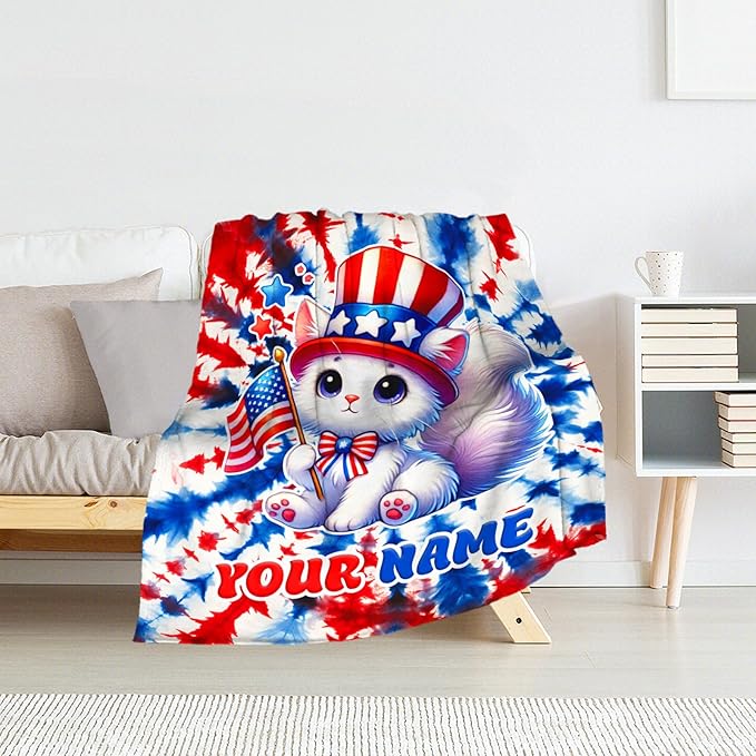 Blanket Gifts for Girls - 30" x 40" Inches Custom Cat Throw Blankets for Cat Lovers - Soft Warm American Flag Throw for Sofa, Bed & Living Room