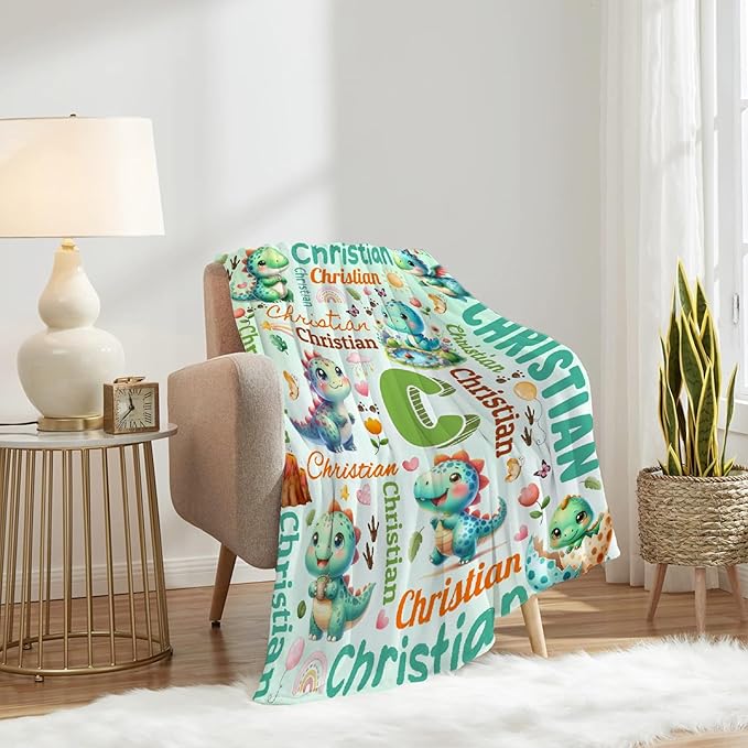 Personalized Custom Green Dinosaur Blanket Gifts for Kids Boys Girls with Name - Customized Green Dinosaur Super Soft Lightweight Flannel Sheets Decor for Crib Nap Couch - 50"x60" for Teens