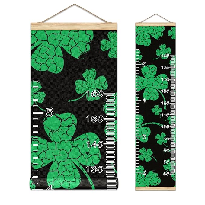 Personalized Kids Name Growth Chart Ruler for Wall Wood Frame Height Measure Chart 13.4x56 in Linen Hanging Height Growth Chart St Patrick Day and Clover Leaves Kids Room Decor