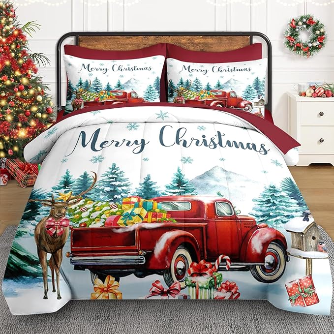 5 Pcs Twin Size Christmas Comforter Set with Pillowcase & Sham, Red Vintage Truck Elk Bedding for Kids and Adults, Winter Forest Bed in a Bag with Flat Fitted Sheet