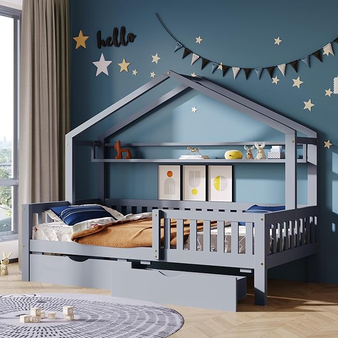 Aoowow Full Size House Bed with Storage Drawers and Shelf, Kids Twin Bed Frame Wooden Platform Bed with Guardrails and Slats for Boys Girls Teens for Bedroom(Grey)