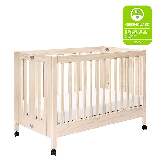 babyletto Maki Full-Size 2-in-1 Portable Folding Crib with Toddler Bed Conversion Kit in Washed Natural, Greenguard Gold Certified