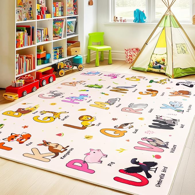 Kids Rugs for Playroom, 7x9 Feet Educational Rug for Learn The ABC Alphabet, Soft Machine Washable Non-Slip Cute Cartoon Animals Carpet for Classroom Toddler Nursery Kids Room Decor, Beige
