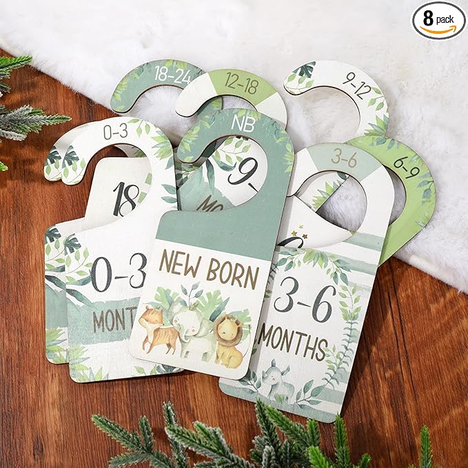 Whaline 8Pcs Baby Closet Size Dividers Watercolor Jungle Animals Hanging Wooden Baby Closet Organizer Double-Sided Newborn to 24 Months Thicken Baby Wardrobe Organizer