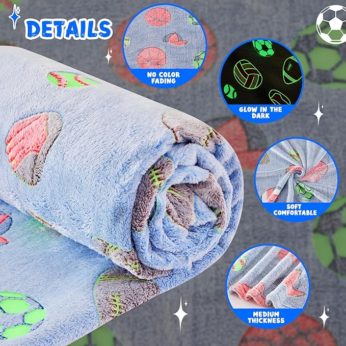 inhand Soccer Glow in The Dark Blanket Football Blanket Soccer Gift Toys for Boys Girls Teen Soft Cozy Kids Throw Blanket Bedroom Decor,Christmas Easter Birthday （Blue 50"x60"）