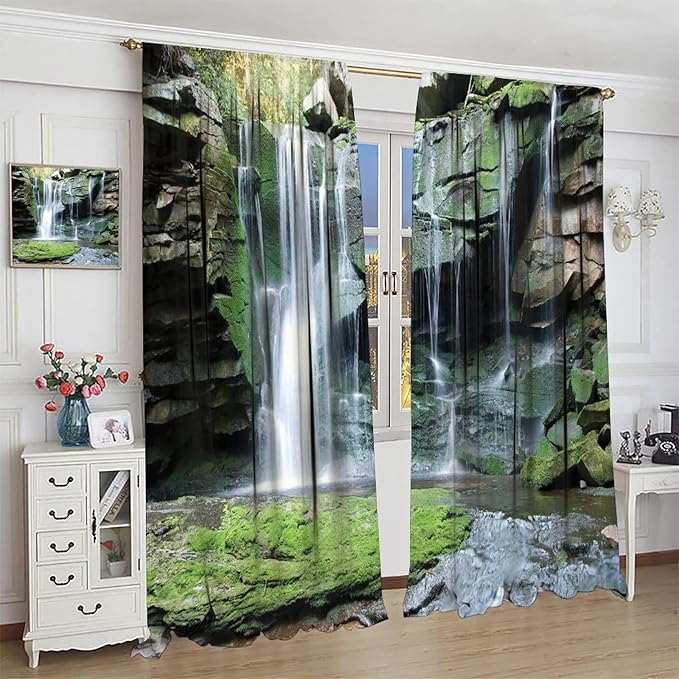 Forest Waterfall Blackout Windows Curtains, Rocky Waterfall to Pond Running Off Scenic Nature Themed Picture Print Curtains, for Living Room Bedroom 42x45in 2 Panels