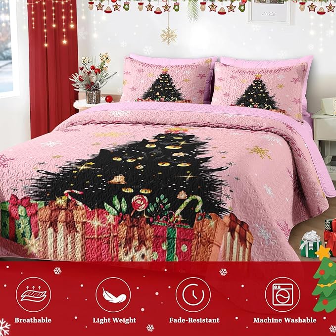 Christmas King Size Quilt Set, Black Cat Xmas Trees Lightweight Bedspread Coverlet with Pillow Shams for Kids and Adults, Pink Snowflakes 3 Pcs Bedding Bed Cover