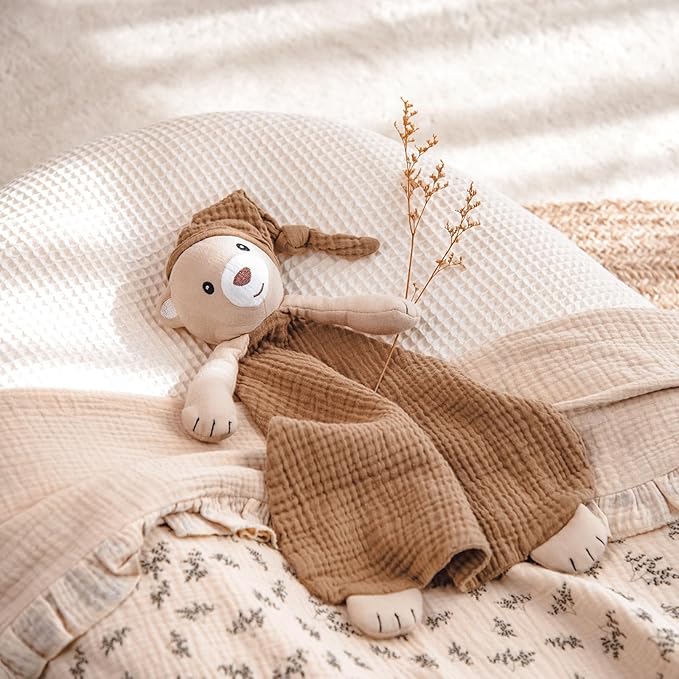 lulumoon Bear Baby Security Blanket: Skin-Friendly Muslin Snuggle Lovey for Travel & Daycare - Newborn Gift for Baby Shower