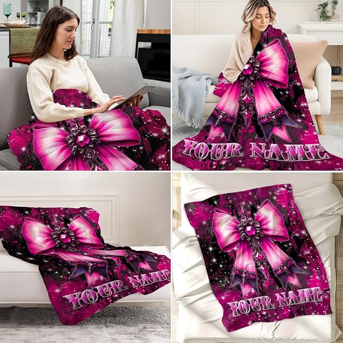 Custom Toddler Blanket - Bow Blanket Gifts for Kids, Girls - 30" x 40" Plush Comfy Pink Throws for Sofa, Couch