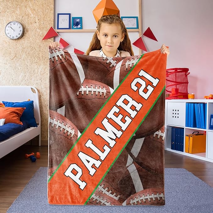 Personalized Football Baby Blanket Gifts: Custom Soft Flannel Fabric Blankets with Name Number for 0-6 Years Kids Boys Girls - Warm and Comfortable(50X60inch)