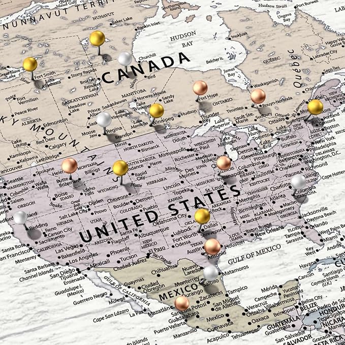 ElephantStock - Personalized Leave A Trail Iii Push Pin World Map Wall Art - Horizontal Canvas Wall Art - Living Room Wall Decor - Digital Art Map Canvas Art - White And Gray Decor - 45" x 30"