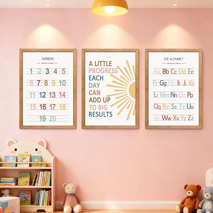 3 PCS Alphabet Numbers Framed Playroom Wall Decor,Classroom Must Haves,A Little Progress Each Day Boho Educational ABC Poster Wooden Sign for Baby Girl Kid Boy Toddlers,Neutral Preschool English Letters Nursery Decor for Homeschool Kindergarten Kids Le...