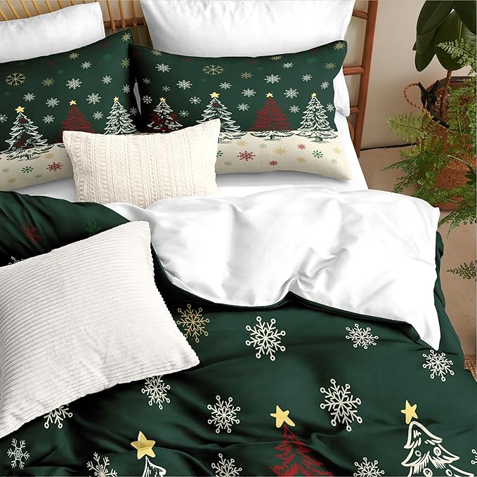 Christmas Duvet Cover Queen Size Green Christmas Tree Bedding Set 3 Pcs Kids Boys Girls Xmas Holiday Cartoon Snowflake Comforter Cover with Zipper Closure (No Comforter)