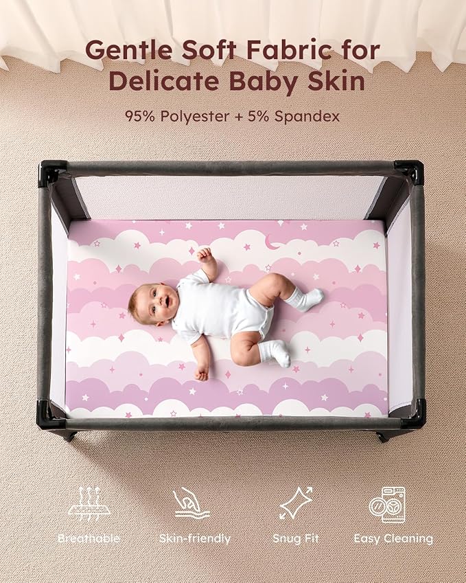 Pack and Play Sheets Fitted, 3 Pack Soft Stretchy Baby Mini Crib Sheets for Pack N Play Mattress and Portable Playard Sheets for Girls Pink Cloud Elephant