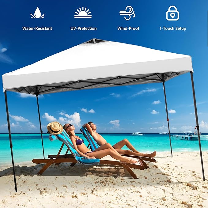 GDY 12x12 Pop Up Canopy Tent with 4 Sidewalls, Easy Set up with One Push Lift Outdoor Silver Coated Beach Gazebos, Carpas for Pool, Events, Parties, and Camping, White.