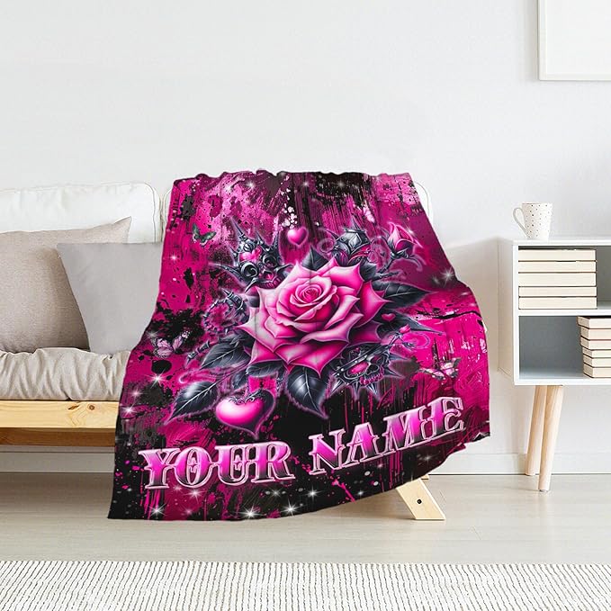 Personalized Rose Blanket Gifts for Women - Flower Throw Blankets for Girls, Wife - 60" x 80" Floral Throw for Adults
