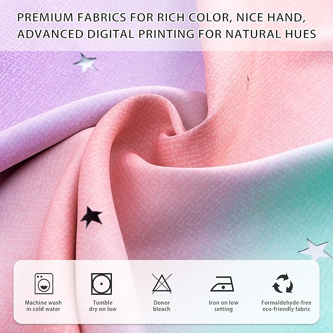 XiDi Girls Blackout Curtains 96 Inches Long for Bedroom, Room Darkening Grommet Window Ombre Curtains 2 Panel Sets, Kids Unicorn Princess Theme Decor Colorful Rainbow Design Pink/Purple/Green 52x96