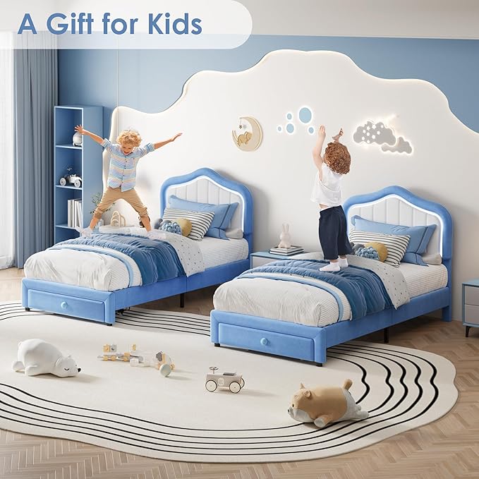 GarveeHome Twin-XL Upholstered Bed Frame with Storage Drawer and Smart Led Headboard, Twin-XL Size Platform Bed Frames for Kids, Wooden Slats Support, No Box Spring Needed, Easy Assembly, Blue