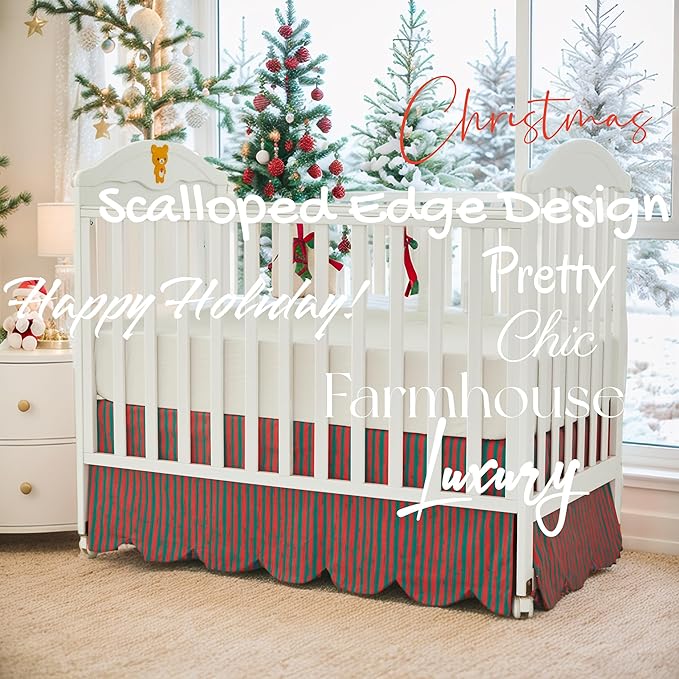Brandream Scallop Edge Cotton Crib Skirt Toddler Bedskirt Boho Farmhouse Baby Nursery Bedding Neutral Solid Color with Red Green Stripes Christmas Holiday Chic