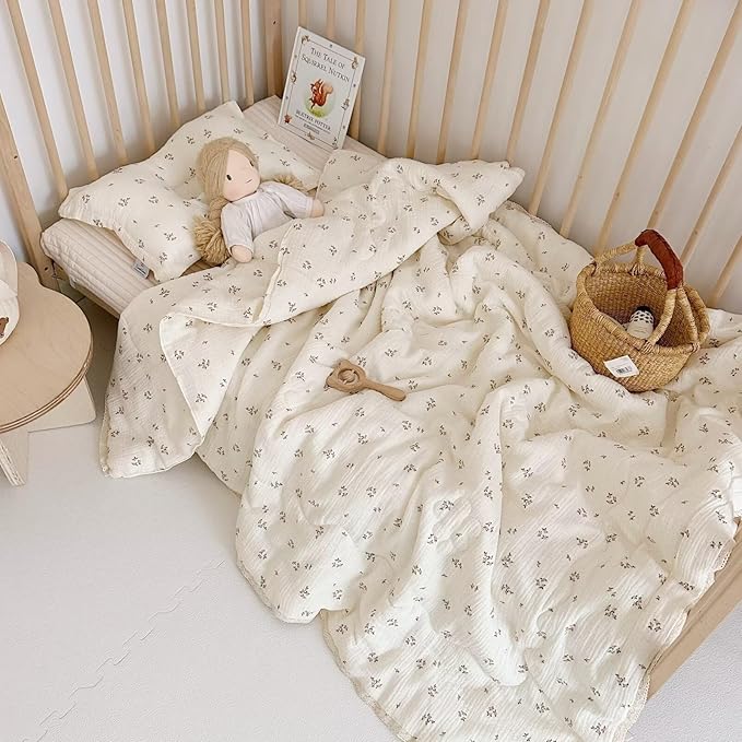 BuLuTu Pink Flower Toddler Blanket Double Layers Cotton Muslin Quilted Blanket Toddler Girls Boys Comforter (No Pillow) Kids Room Decor, Primrose Pattern, 47"x59"