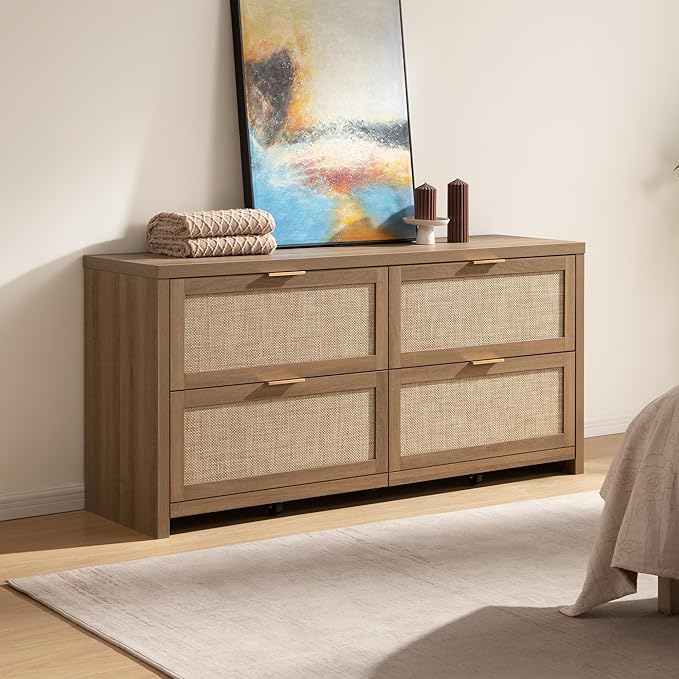 SICOTAS 60.8" Dresser for Bedroom, Rattan Boho Dresser with 4 Deep Drawers, Large Chest of Drawers for Closet,Nursery,Dressers TV Stand for Bedroom (Reclaimed Caramel Oak, 4 Drawers (1 pc))