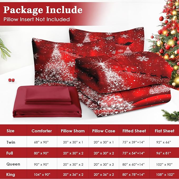 7 Pcs Full Size Christmas Comforter Set with 2 Pillowcases & 2 Shams, Glitter Pine Tree Bedding for Kids and Adults, Winter Elegant Snowflake Bed in a Bag with Flat Fitted Sheet
