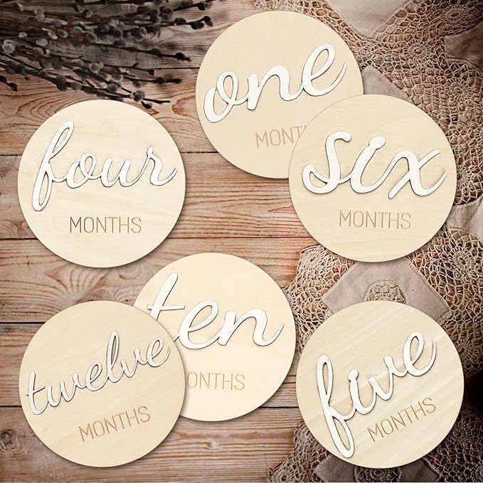 Baby Monthly Milestone Marker Discs - Wooden 3D Double-Sided Baby Announcement Sign, Gender Neutral Announcement Cards for Newborn Boys and Girls 1-12 Months Photography Props