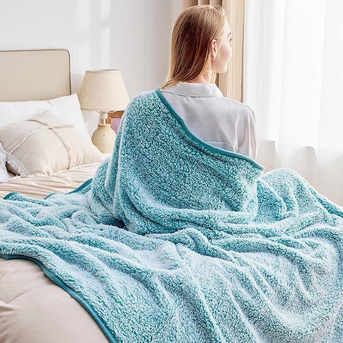 EMME Soft Sherpa Fleece Blanket Reversible Plush Fluffy Large Blanket, Light Weight Warm Decorative Boho Blanket Cover for Sofa, Couch, Bedroom,Travel(Plush Teal,90"x90")