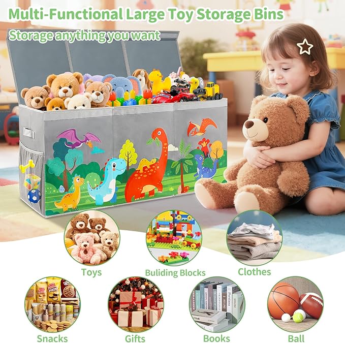 Extra Large Toy Box Chest with Lids, Collapsible Toy Storage Organizer for Kids, Dinosaur Toy Bin Box for Toddlers Boys Girls, Toy Organizer for Living Room Nursery Playroom Bedroom Home Gray