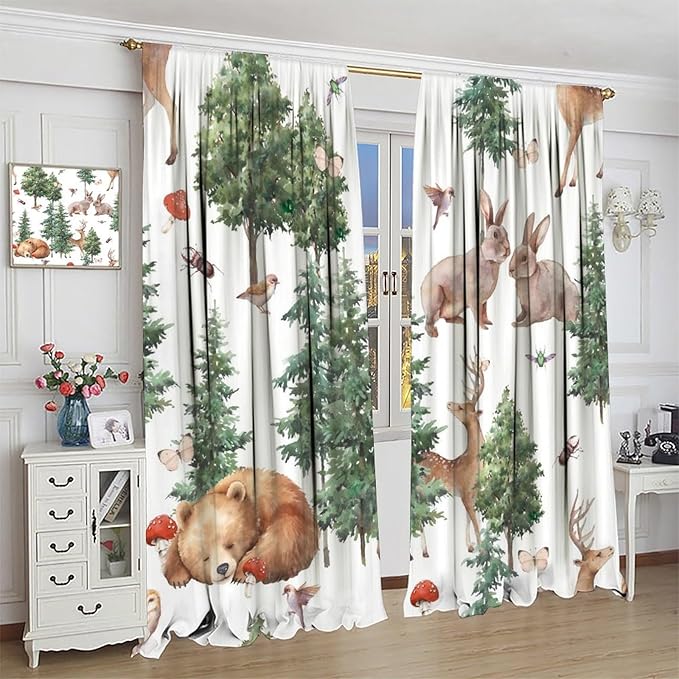 YCness Forest Animal Curtains, Wild Animals Watercolor Woodland Bear Rabbit Cartoon Window Treatments for Kids Bedroom Living Room Kitchen Living Room Drapes, 84x84 Inch