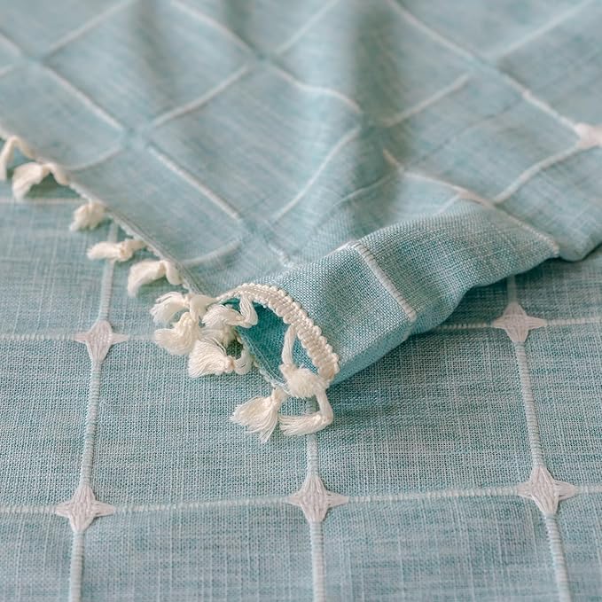 Deeprove Green Boho Curtains 96 Inches Long for Bedroom Nursery Room, Cotton Linen Lattice Plaids Embroidery Semi Blackout Bohemian Window Treatment Grids Drape Tassels, 1 Panel W52 x L96, Aqua
