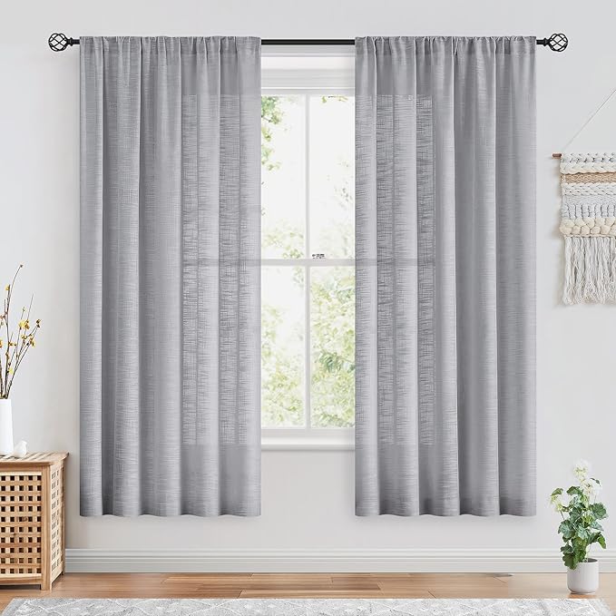 FMFUNCTEX Linen Semi Sheer Grey Curtains for Bedroom Living Room, Gray Curtain Panels 72 Inches Length Sheer Linen Textured Window Drapes Farmhouse Light Filtering 2 Panels Rod Pocket