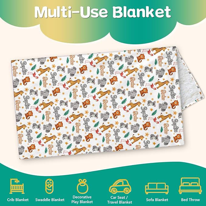 Custom Safari Animals Blanket Gift, Personalized Baby Blanket with Name, Soft Plush Flannel/Sherpa Fleece Throw Blankets for Toddler Kid Teen Boys Girls Color05