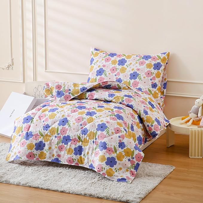 LONAVA Toddler Kids Comforter Set - 4 Pieces Toddler Bedding Sets for Boys Girls Children, Ultra Soft Microfiber Bed in A Bag with Flat Fitted Sheets, Flower
