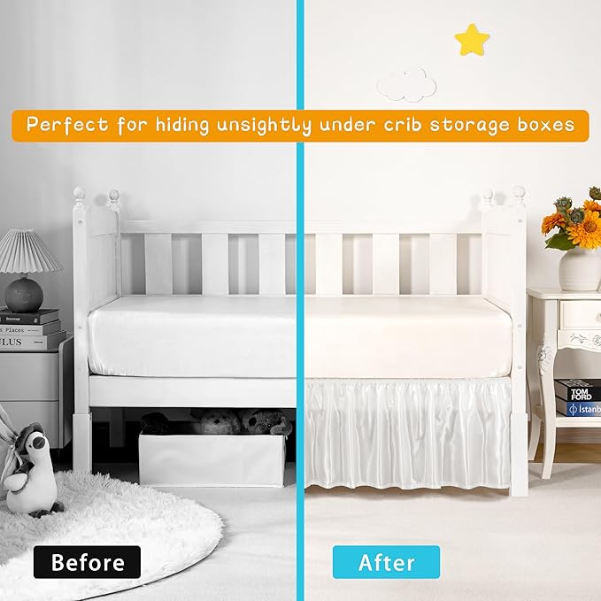 White Satin Crib Bed Skirt, 52" x 28" with 14" Drop Silky Soft Baby Crib Skirt for Baby Girls or Boys, Fit for Standard Crib & Toddler Bedding