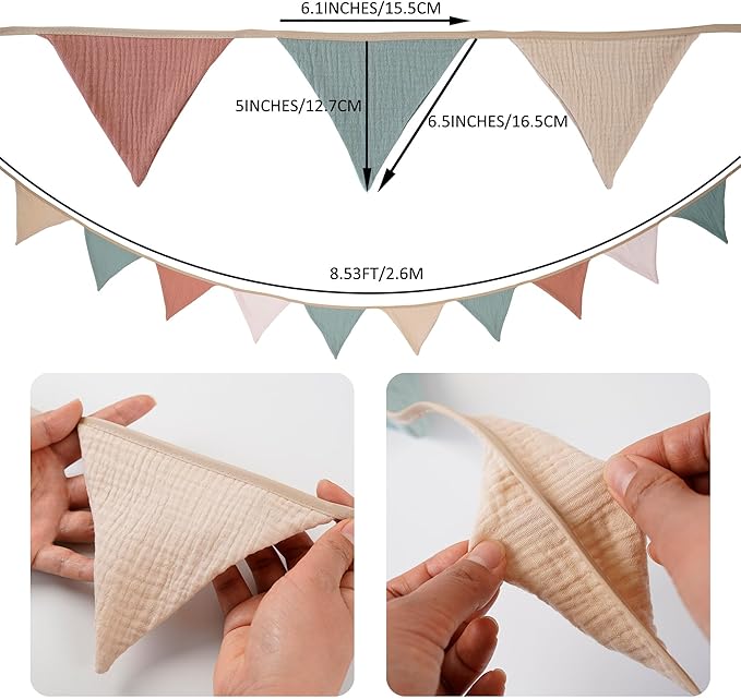 Fabric Bunting Banner, 2 Pack Handmade Neutral String Banner Each 8.5 ft 10 Flags Nursery Wall Hanging Wedding Birthday Home Baby Shower Party Decoration Bunting (Spring)