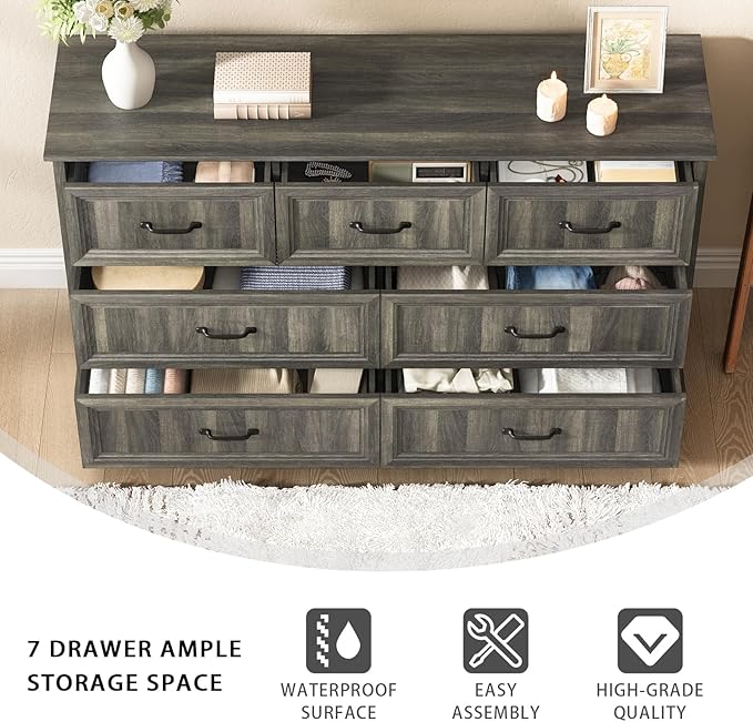 CARPETNAL Farmhouse Dresser and Nightstand Sets for Bedroom, 3 Pcs Bedroom Set, 7 Drawer Dresser & Nightstand Set of 2, Modern Wood Chest of Drawers for Bedroom, Living Room, Entryway, Grey
