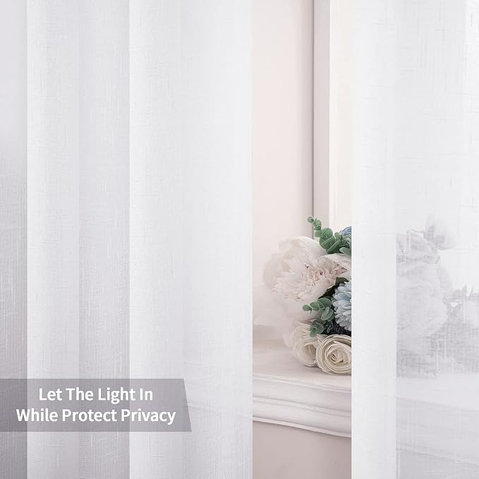 MIULEE Natural Linen Sheer Window Curtains - Elegant Solid White Drapes Grommet Top Voile Panels for Bedroom Living Room (52X96 Inch)