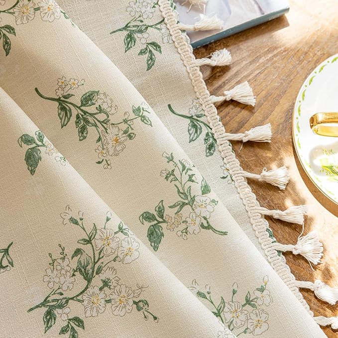 ENJOYBRIDAL White Floral 96 Inch Curtains 2 Panel Set Bedroom Tassel Drapes Boho Decor Semi Sheer Long Window Curtain Panels Living Room Rod Pocket Patterned Cute Rustic Window Treatments