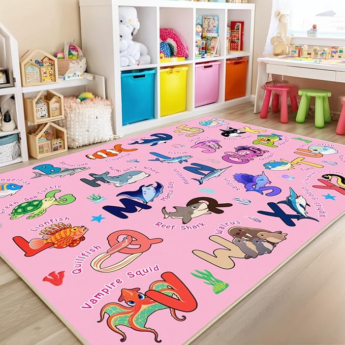 Kids Rug for Playroom, 4x5 Feet Educational Rug for Learn The ABC Alphabet, Soft Machine Washable Non-Slip Cute Marine Organisms Carpet for Classroom Toddler Nursery Kids Room Decor Mat, Pink